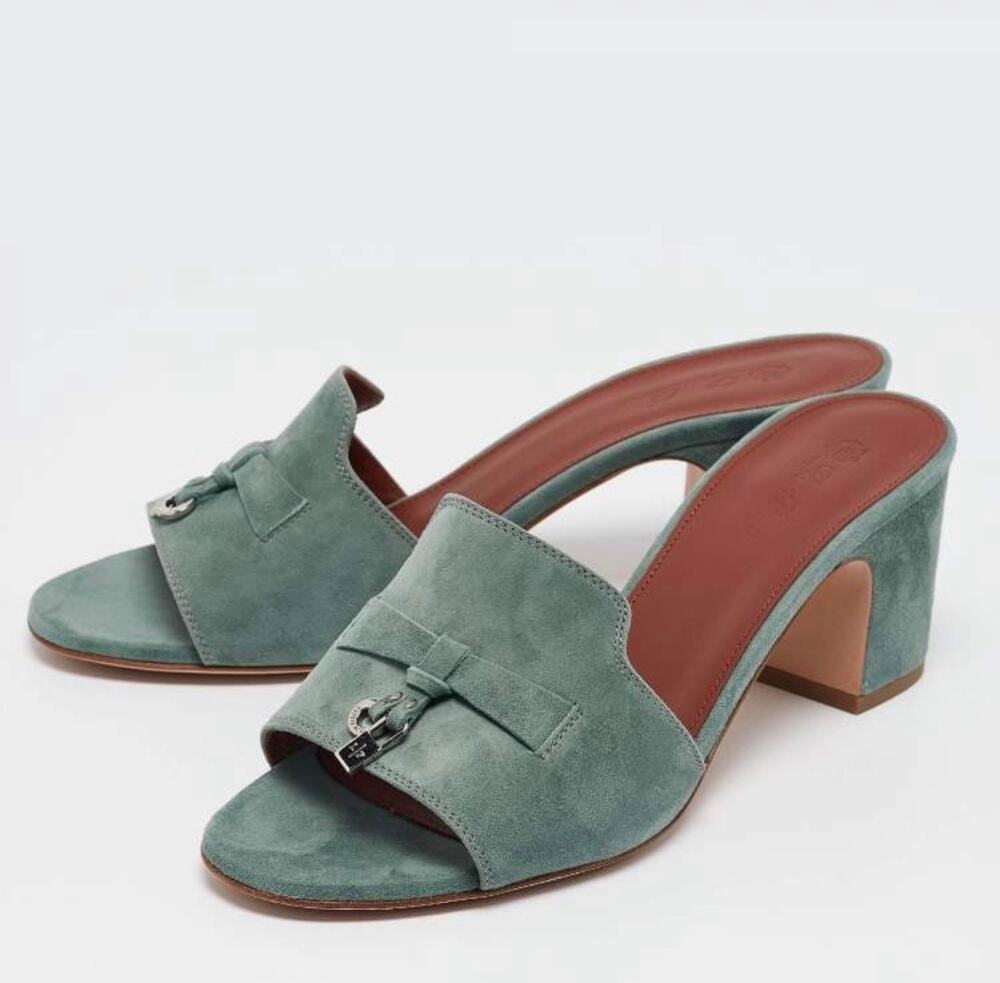 Loro Piana Summer Charms Walk Suede Mule Sandals Green Size 38 w dust bag